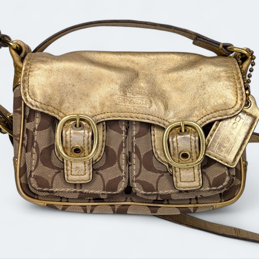 Coach Bleeker Crossbody Bag Jessie Signature Gold Tan Mini Messenger Buckle Y2K - Picture 4 of 16